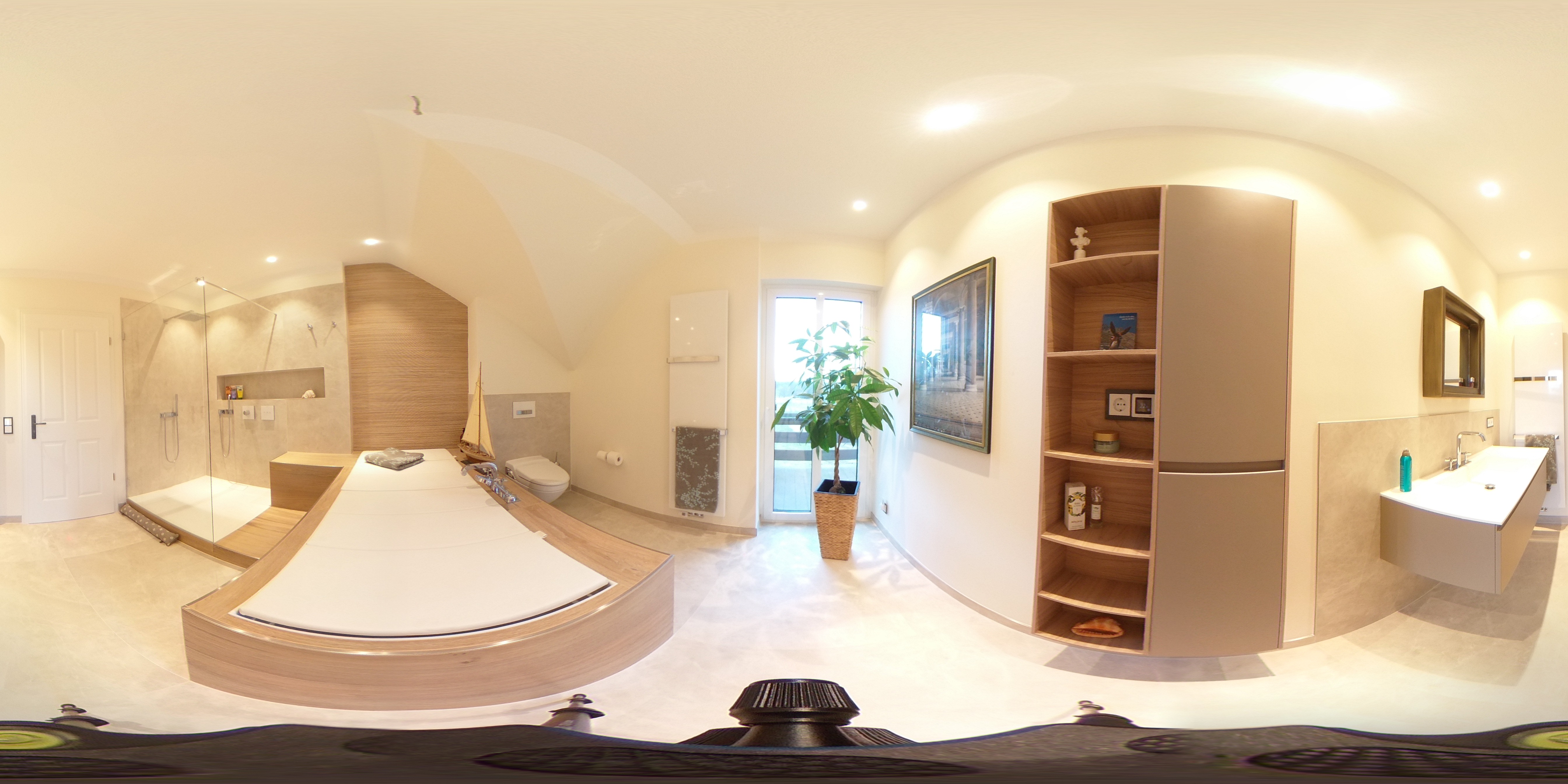 360 Grad Aufnahme von einem Wellness Badezimmer mit großer Badewanne und Dusche, in naturtönen gehalten.