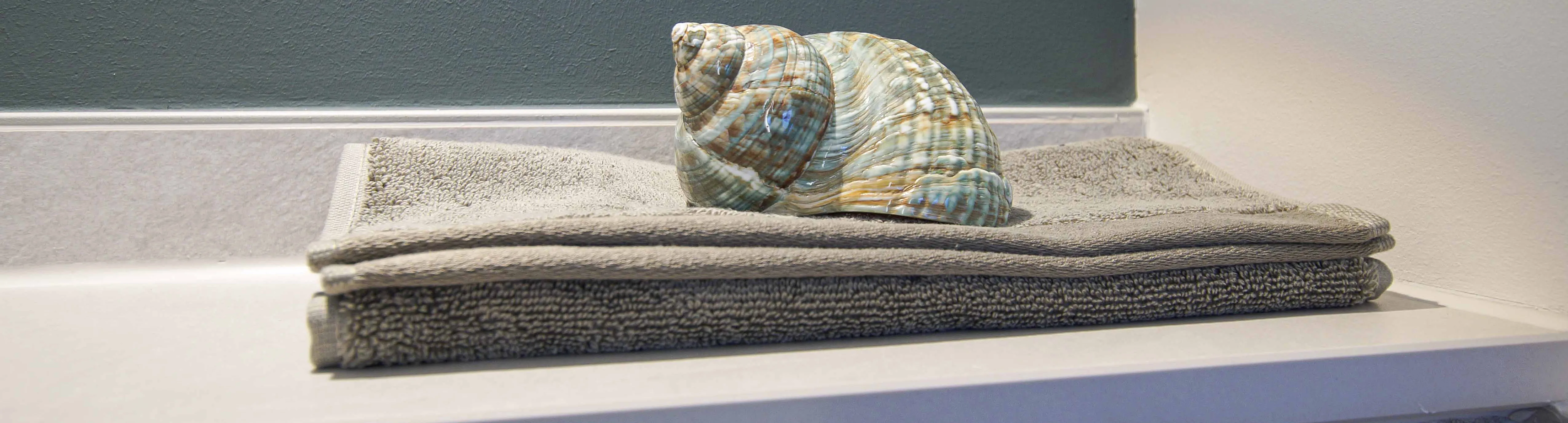 Gästehandtuch mit einer Muschel als Dekoration.