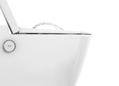 Dusch-WC TECEone mit reinigendem Wasserstrahl und mechanischer Bedienung in der Seitenansicht. 