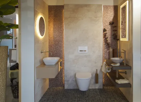 Zwei Waschtischanlagen mit Spiegel und Aufsatzschale für das Gäste WC mit passendem WC und Mosaik in bronze.