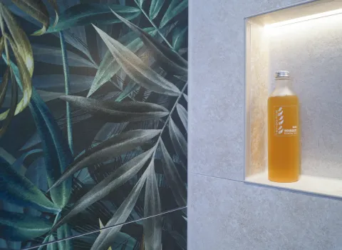 Detailansicht vom Beleuchtungskonzept im Dschungelbad vom Handwerksunternehmen bad & heizung Laabs in Potsdam.