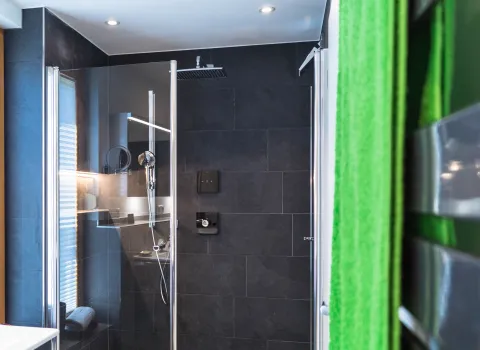 Duschbad mit Walk-in-Dusche und Designheizkörper vom Handwerksunternehmen bad & heizung Laabs in Potsdam.