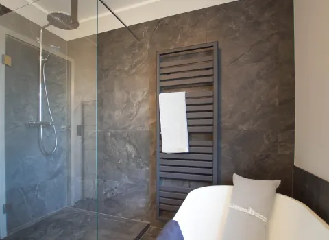 Walk-In-Dusche von hansgrohe im modernen Bad vom Handwerksunternehmen bad & heizung Laabs in Potsdam.