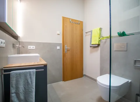 Modernes, helles Badezimmer mit Holz­tür, wandhängender Toilette, großem Waschbecken auf Holzplatte und grauen Betonoptik-Fliesen.