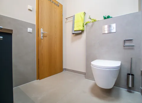 Badezimmer mit wandhängendem WC als Vorwand-Element und einer hellbraunen Tür. 