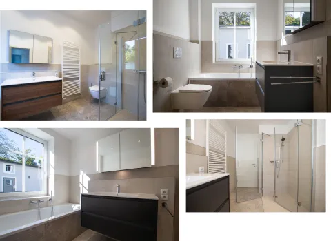 Auswahl an Badezimmer-Bildern mit großzügigem Waschtisch, Walk-IN-Dusche und Badewanne.