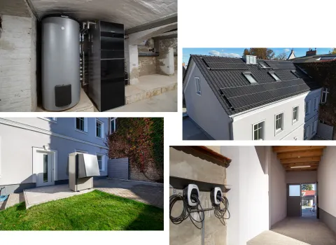 Verschiedene Ausschnitte eines Zweifamilienhauses zur Energieausstattung: PV, Wärmepumpe, Wallboxen.