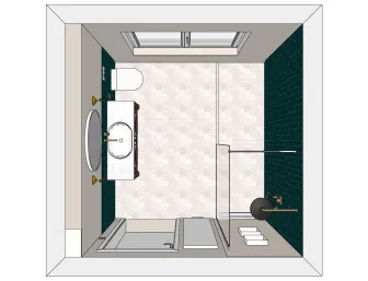 Badplanung mit Ansicht von oben mit Waschtisch und WC und Dusche.