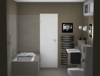3D Badplanung mit eckiger Badewanne mit Waschtisch und WC.