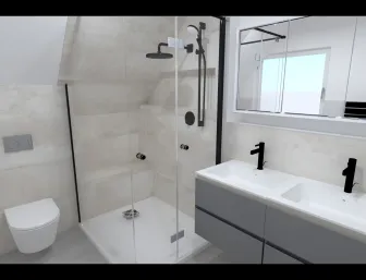 Badplanung mit begehbarer Dusche und Doppelwaschtisch. 