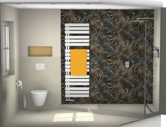 3D Badplanung mit offenem Duschbereich und Wall&Deco Wandtapete.