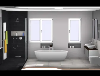 3D Badplanung mit freistehender Wanne und Doppelwaschtisch.