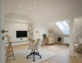 Einrichtungsbeispiel eines Arbeitszimmers im Dachgeschoss.