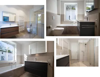 Auswahl an Badezimmer-Bildern mit großzügigem Waschtisch, Walk-IN-Dusche und Badewanne.