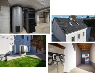 Verschiedene Ausschnitte eines Zweifamilienhauses zur Energieausstattung: PV, Wärmepumpe, Wallboxen.