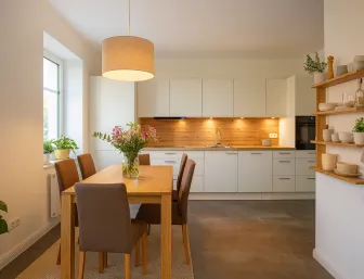 Offene Küchengetaltung mit Ess-Tisch mit sechs Stühlen in warmen Holztönen.