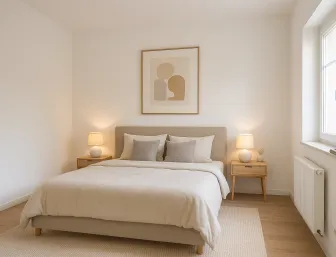 Schlafzimmer in Skandinavien-Stil eingerichtet, minimalistisch in Sand- und Holztlöne.