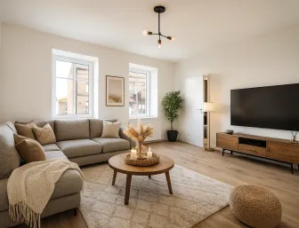Einrichtungsbesipiel mit KI erstellt, gemütliches Wohnzimmer mit großer Couch und TV an der Wand.