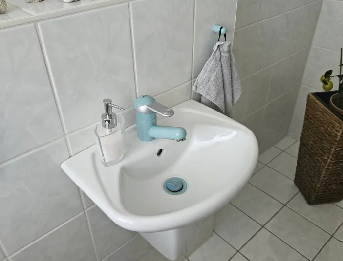 Altes Gästebad mit weißen Fliesen und hellblauer Armatur. 