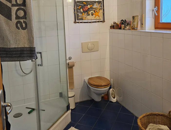 Altes Badezimmer mit weißen Fliesen und Eck-Dusche, sowie CWC mit Holz-WC Sitz.